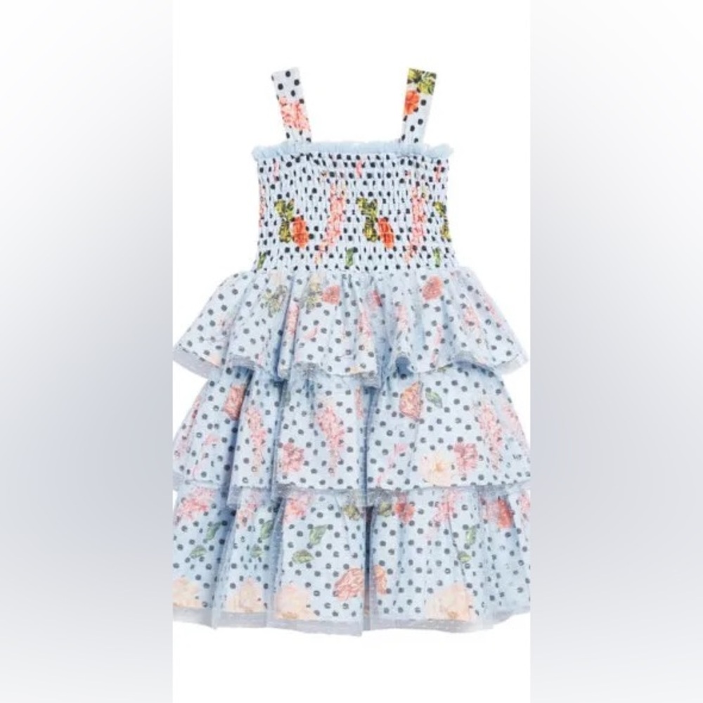 Marchesa Blue Floral Kids Tiered Polka Dot Dress in Dusty Blue😍